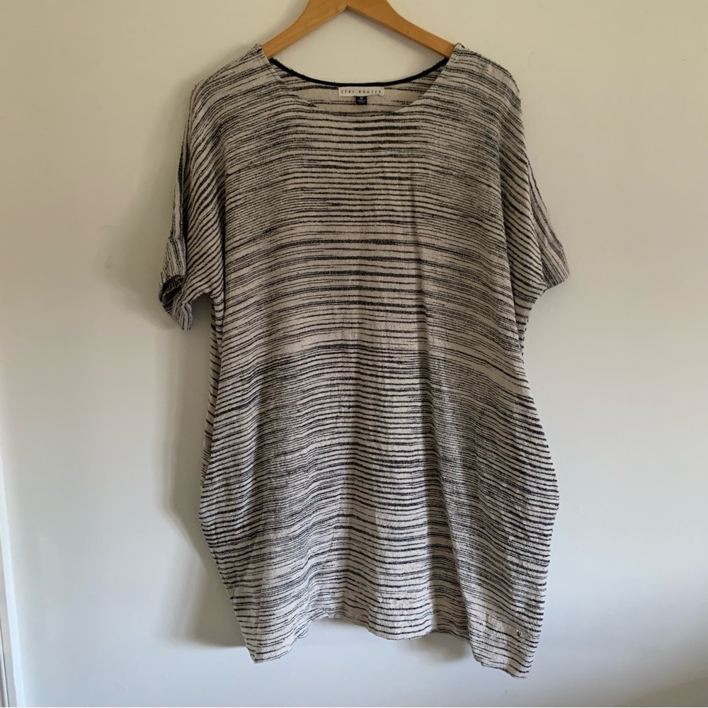 Ceri Hoover Textured Linen Tunic with Pockets, Cream / Navy, Medium